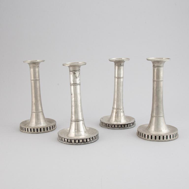 Four Swedish late gustavian pewter candlesticks by Hans Wicksten, Västerås, 1782-1810/14.