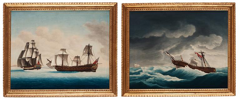 Two Chinese Export paintings of East Indiamen, Qing dynasty, circa 1800.