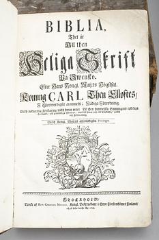 BIBEL, 3 vol, Biblia thet är all then heliga Skrift på Swensko...Carl the Tollftes.., Stockholm 1724-52.