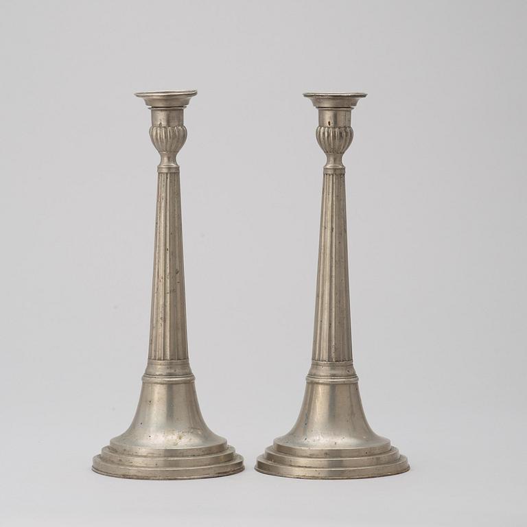 A pair of pewter candlesticks by Carl Bröske, Stockholm 1828.