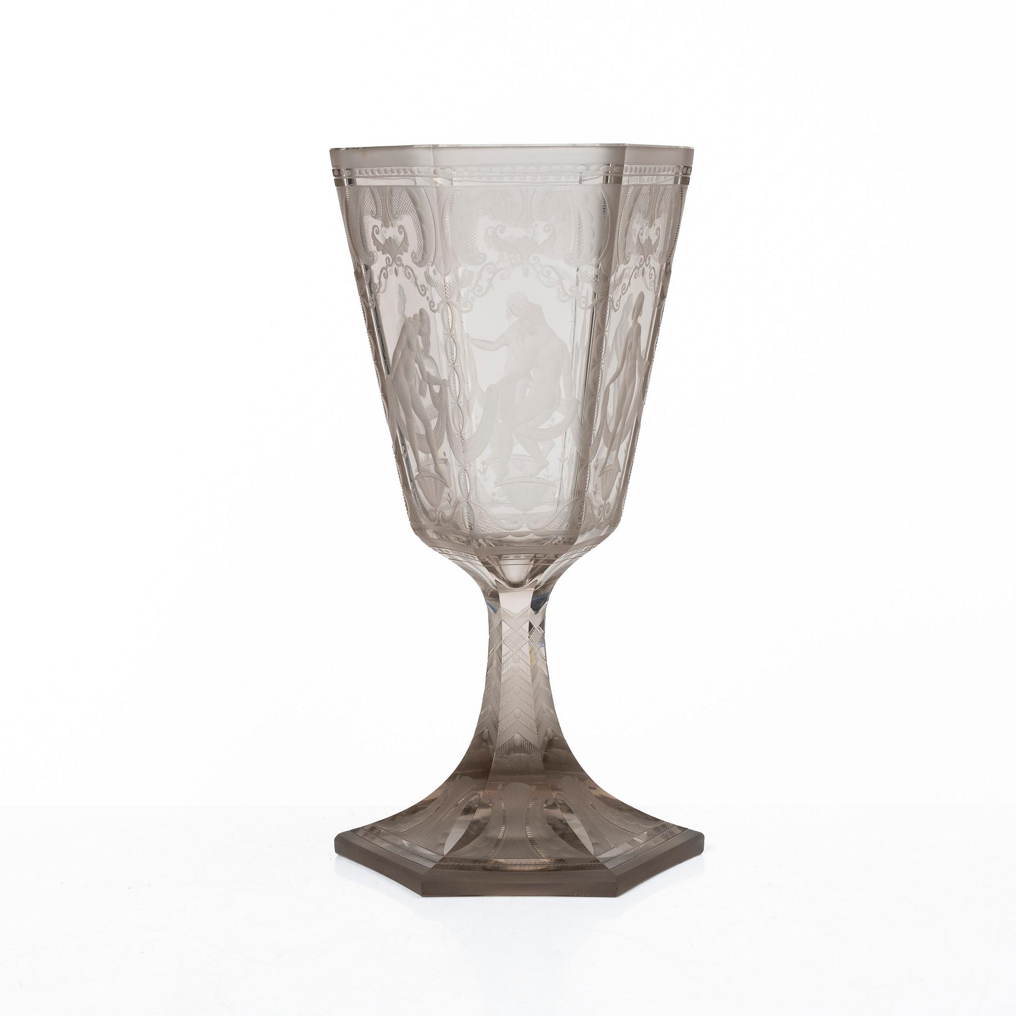 Simon Gate, a glass cup, 'Sex Gracer', Orrefors, Sweden, 1922.