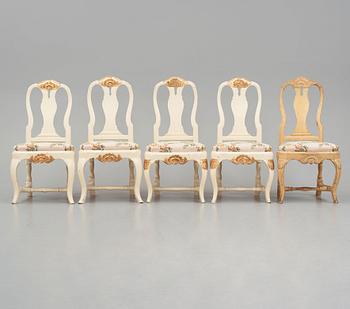 A set of five (3+2) rococo chairs attributed to J. E. Höglander (master in Stockholm 1777-1813).