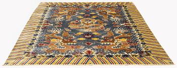 A semi-antique chinese ' Five dragon' silk carpet, c 335 x 254 cm.