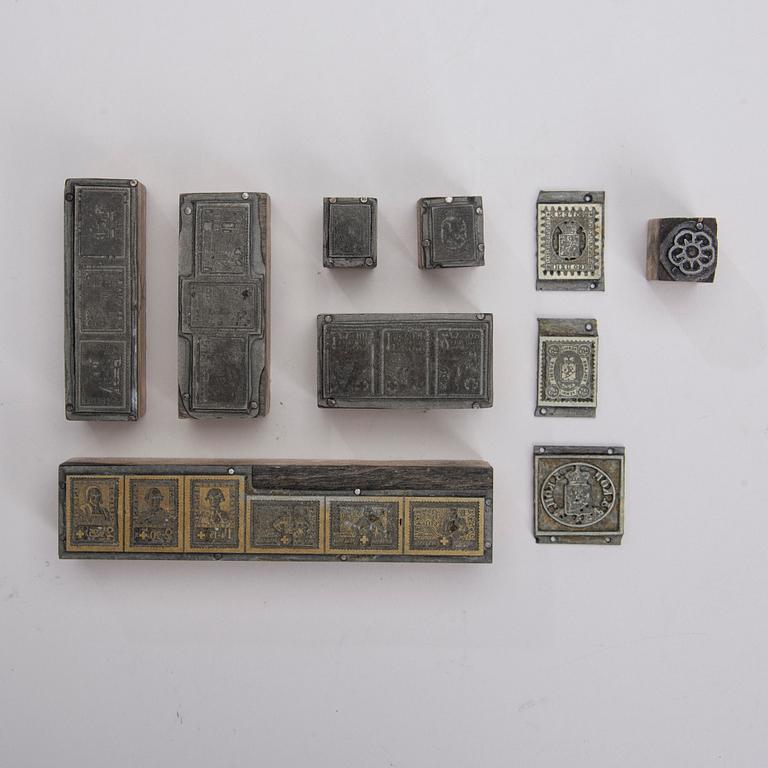 TRYCKBLOCK, 10 delar, trä och metall, Finland 1856-1935.