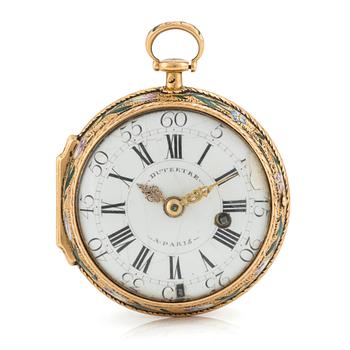 136. A 20k gold and enamel pocket watch by J-B Dutertre, the case by F. Bergs, Stockholm 1754.