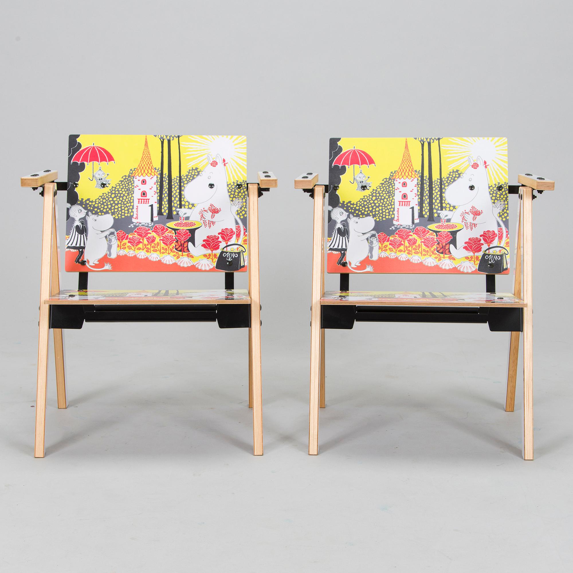 Yrjö Kukkapuro, Children's furniture, two 'Moomin S chairs'  and a table collaboration with Modeo and Moomin Characters.