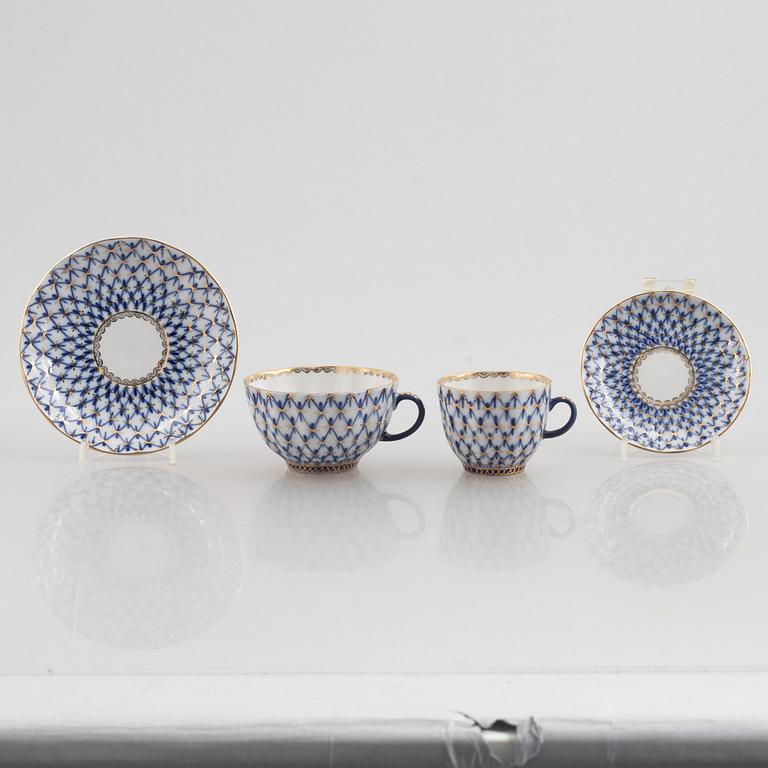 Tea and coffee service, 34 pieces, porcelain, "Cobalt Net", Lomonosov, Soviet Union.