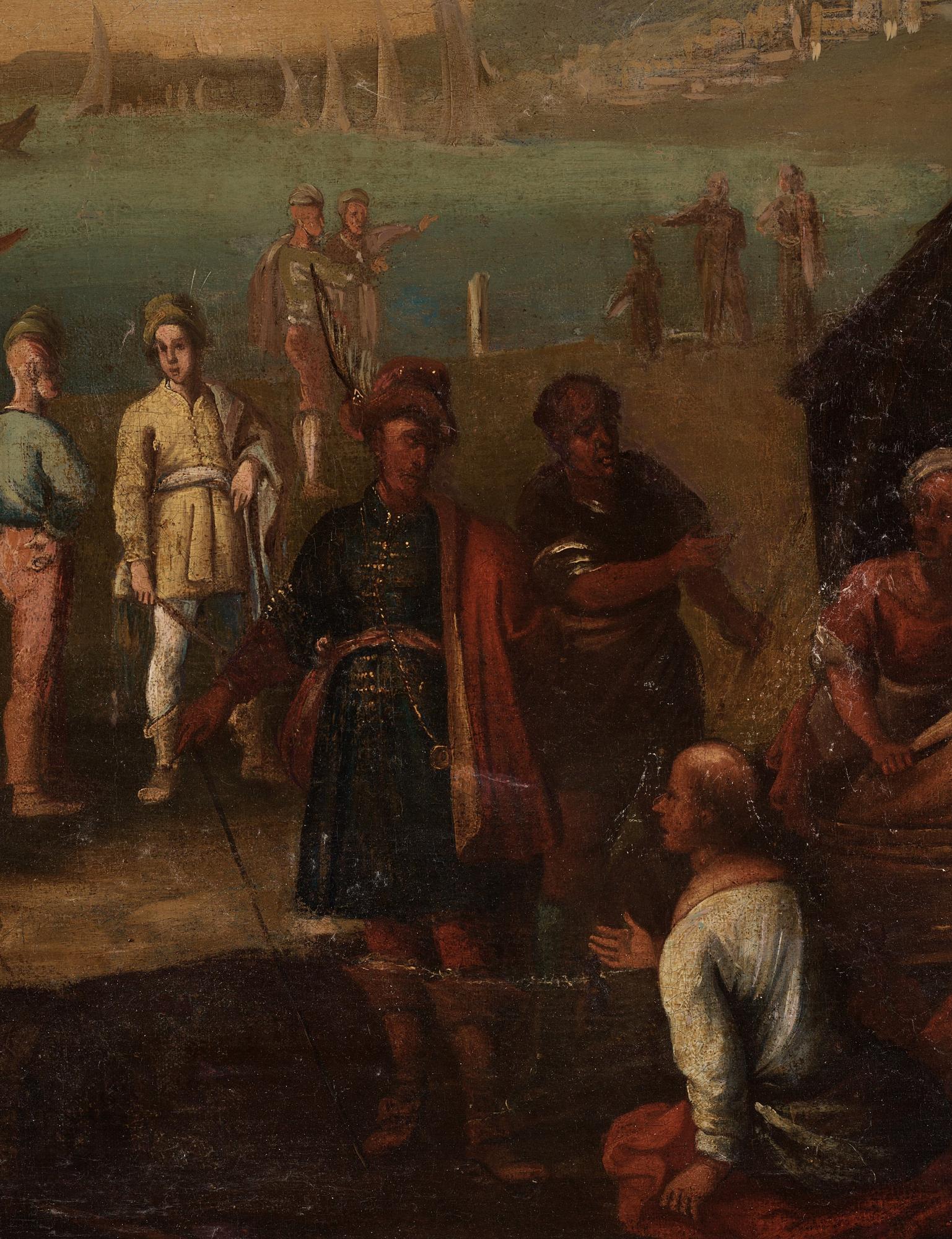 Hendrik van Minderhout, follower of, Harbor scene with oriental merchants.