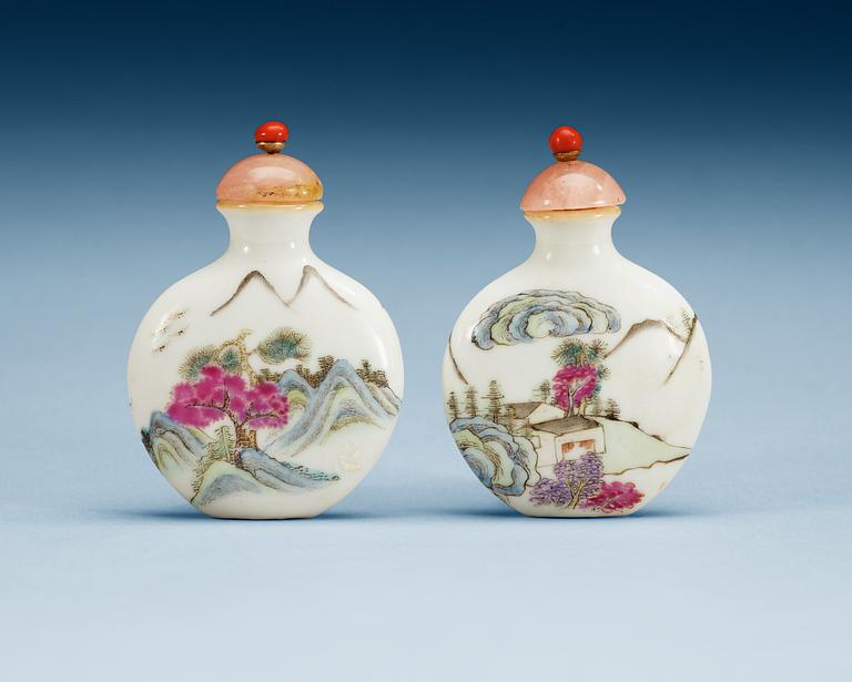 Two famille rose snuff bottles, presumably Republic with seal mark in red.