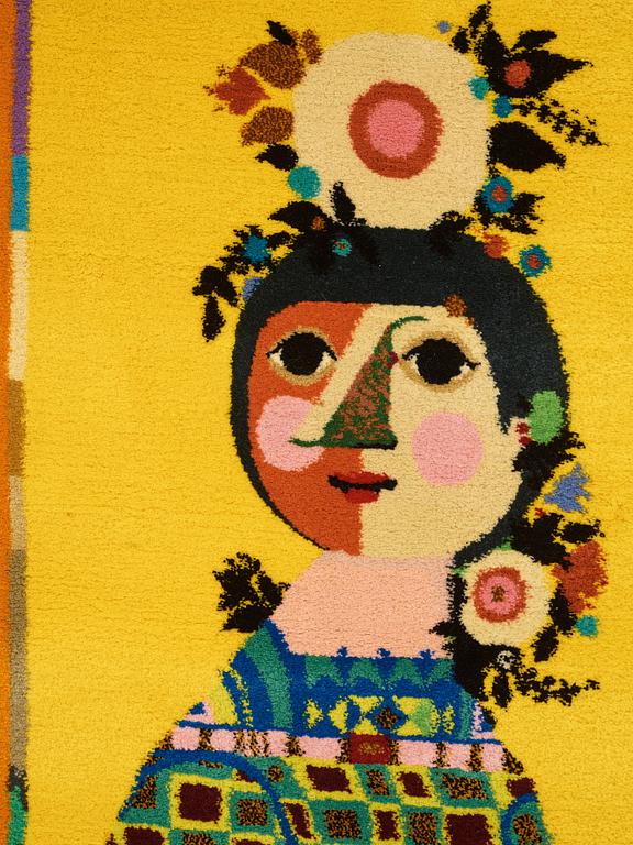 Björn Wiinblad, A WALL HANGING/A CARPET, "Tucano", "Spring Lady", hand knotted, ca 282 x 106 cm, signed Bjørn Wiinblad.