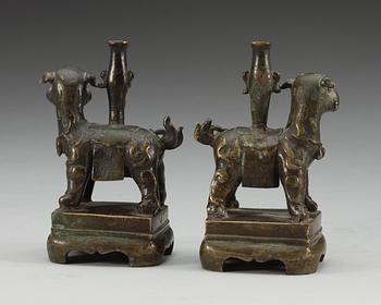 A pair of Tibetan bronze incense holders, presumably Ming dynasty (1368-1644).