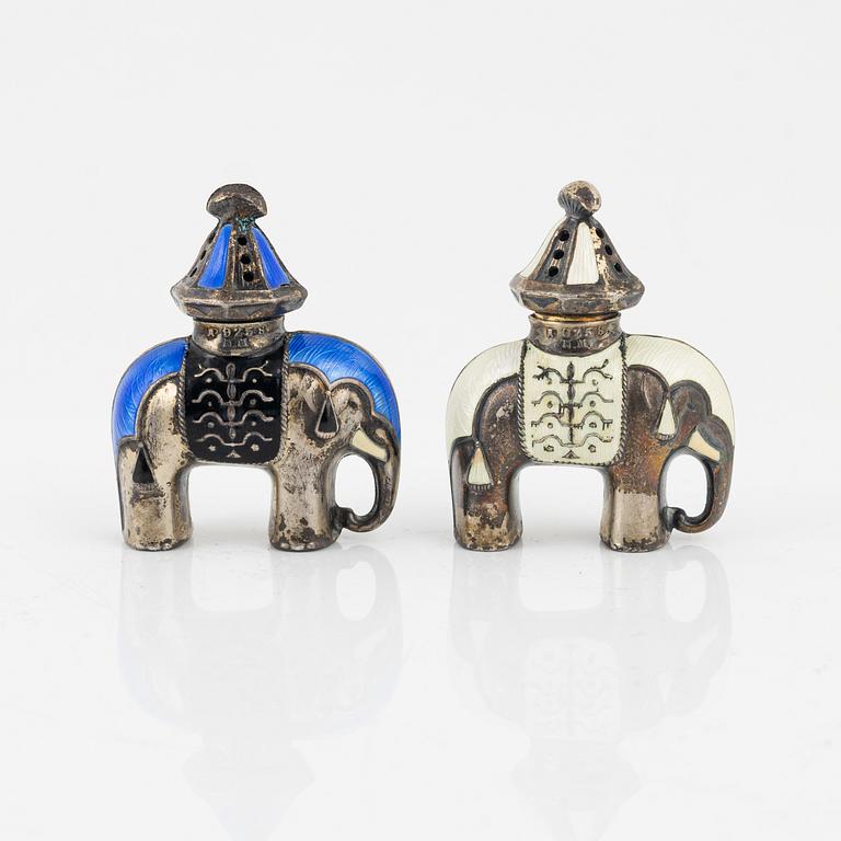 A pair of silver and enamel salt and pepper shakers, J Tostrup, Oslo, Norway.