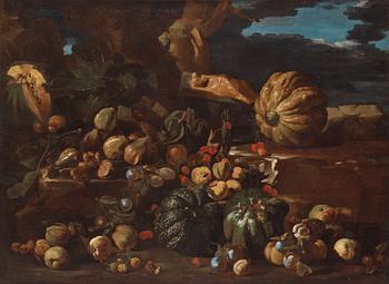 887. Michelangelo Pace da Campidoglio Tillskriven, Stilleben med frukter i ett landskap.