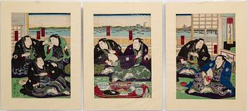 KUNITERU II (1829-74), three colored woodblock prints, triptych, and Two UNIDENTIFIED ARTIST, Japan, 19th century.