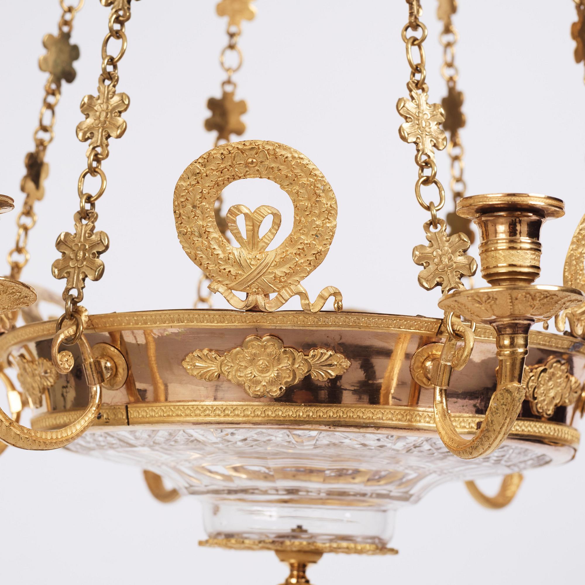 An Empire cut glass and gilded bronze six-light hanging lamp in the manner of Alexandre Guérin.