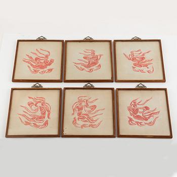 A set of six Chinese ink rubbings, two board games and a box with glass pearl embroidery.