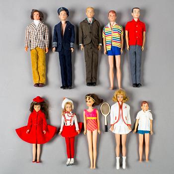 BARBIE OCH HENNES VÄNNER, 10 stycken dockor, Mattel, 1960/70-tal.