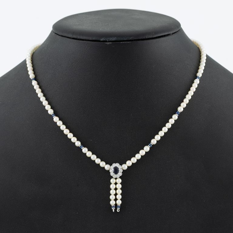 Necklace, 18K white gold with cultured pearls, sapphires, and brilliant-cut diamonds.