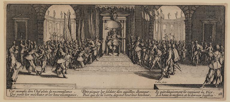 JACQUES CALLOT, the complete set of 18 etchings, 1633, second and third state mixed in the set.