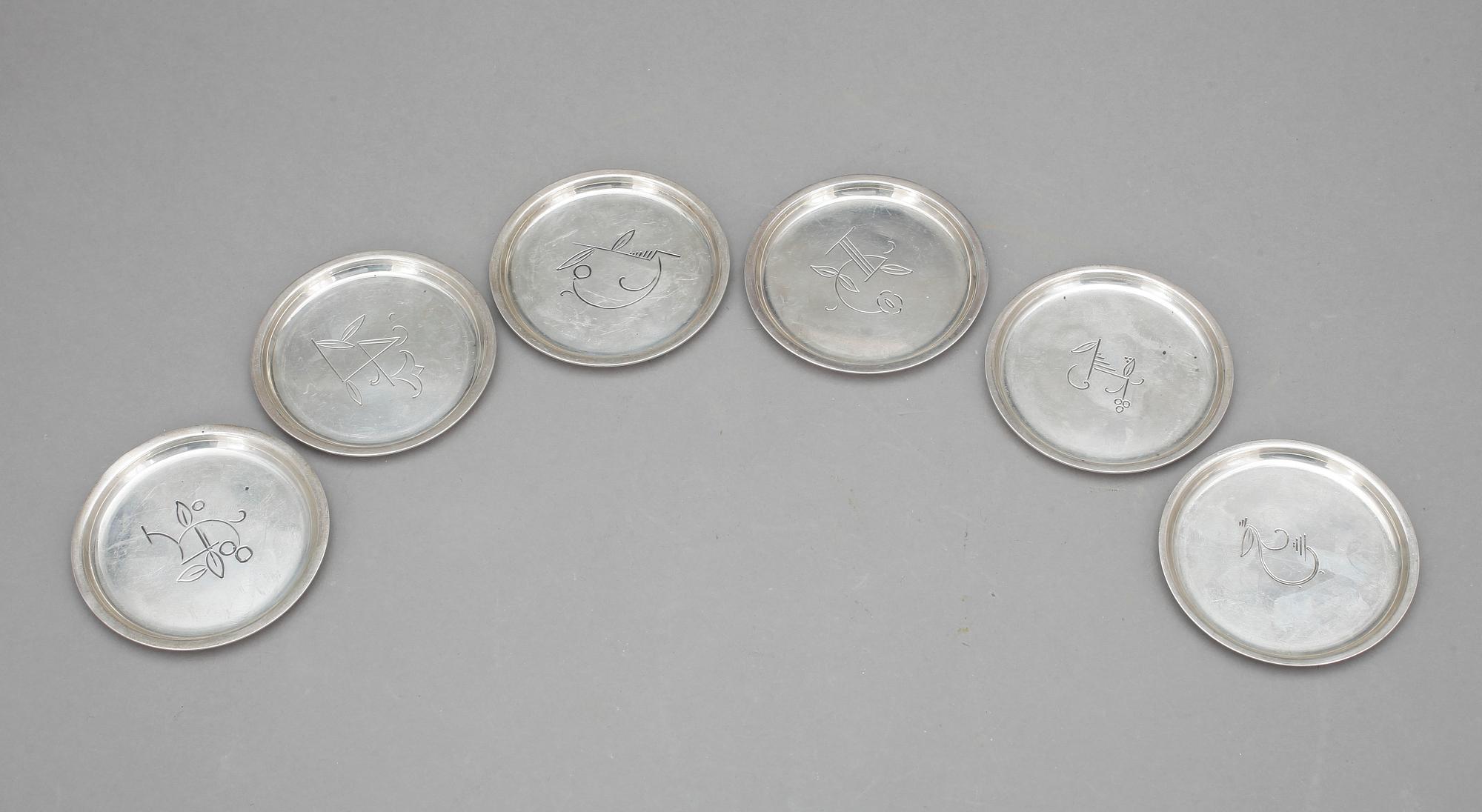 COASTERS, 6 st, silver, Tyskland 1930-tal. Total vikt ca 241 cm.