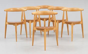 HANS J WEGNER, matgrupp, 6 st "Hjertestolen" och bord, Fritz Hansen, Danmark ca 1963.