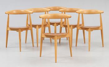 A Hans J Wegner teak top dining table with six chairs, Fritz Hansen ca 1963.