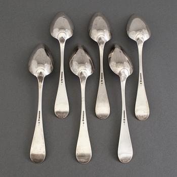 A SET OF SIX SILVER TABLE SPOONS, by Friedrich Petschler, Göteborg 1815.