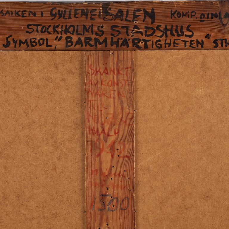 Einar Forseth, mosaik, " Barmhärtigheten", sannolikt  originalstudie  formgiven för den Gyllene Salen Stockholms Stadshus. ca 1921-22.