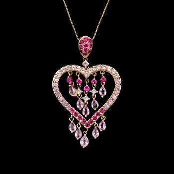 HÄNGE MED KEDJA, 14 K guld, diamanter samt flerfärgade rosa safirer.