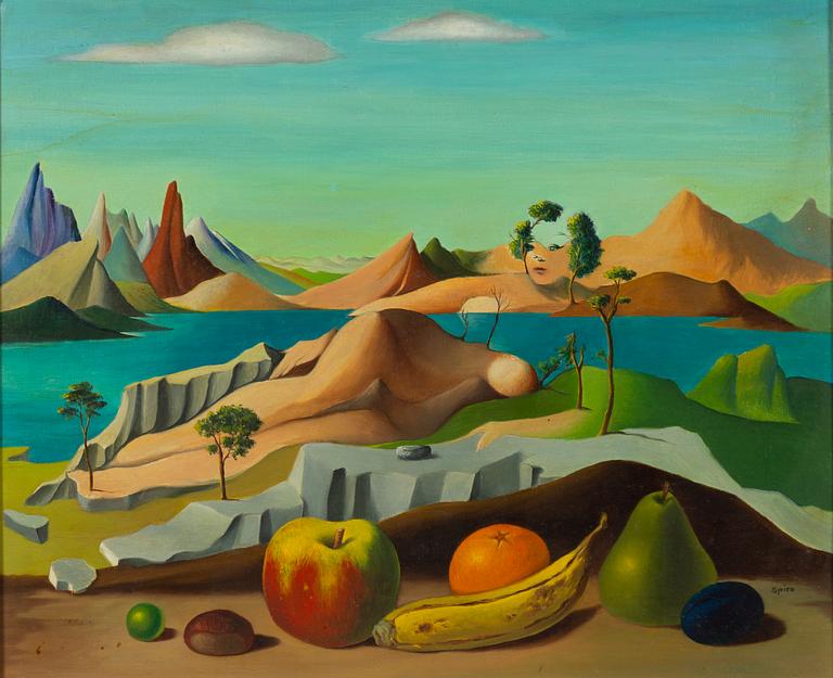 Georges Spiro, Surrealist landscape with fruits.