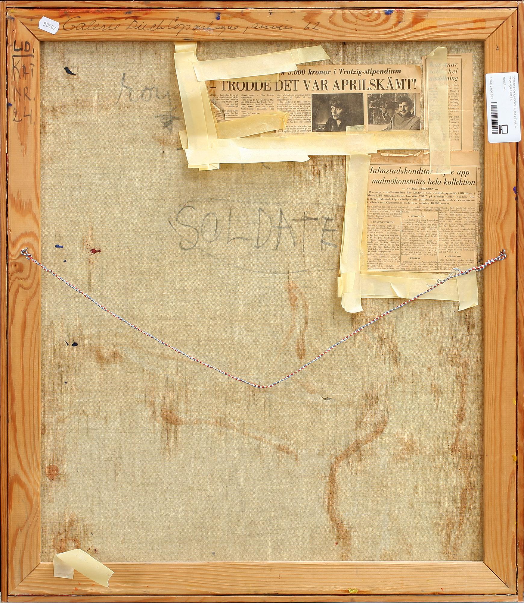 ROY LINDQVIST, olja på duk, a tergo sign o dat 61.