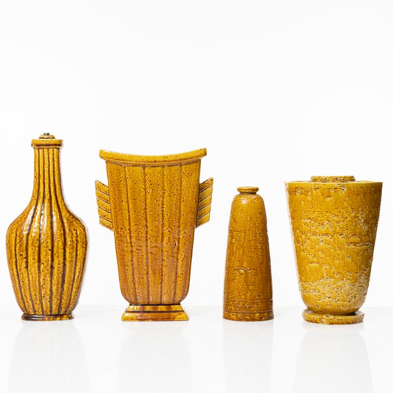 Gunnar Nylund, a set of three chamotte stoneware vases and a lamp base, Rörstrand 1930s-40s.