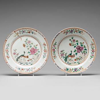 807. A pair of famille rose 'double peacock' dishes, Qing dynasty, Qianlong (1736-95).