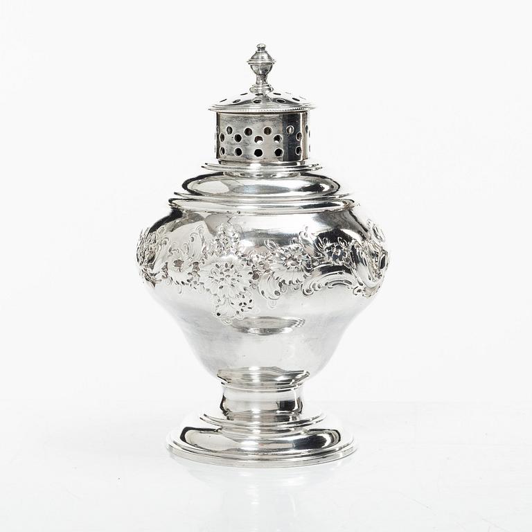 An English silver sugar caster, London 1751, probably Samuel Taylor.