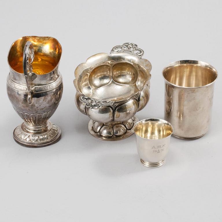 PARTI SILVER, 4 delar, Sverige samt svenska importstämplar, 1800- och 1900-tal, vikt 502 gram.