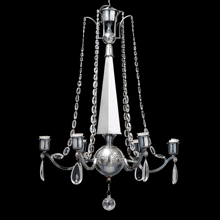 An Elis Bergh silver plated Swedish Grace chandelier, C.G. Hallberg, Stockholm 1920's.