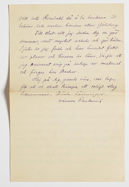 LETTER from Otto G. Carlsund to GAN (Gösta Adrian-Nilsson) in Lund, dated Stjärnhof 28.6.(19)28.