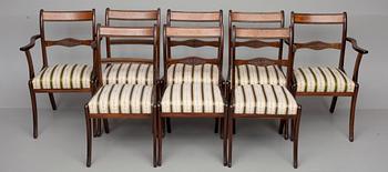 STOLAR, 6 st, samt KARMSTOLAR, 2 st, empirestil, England 1900-tal.