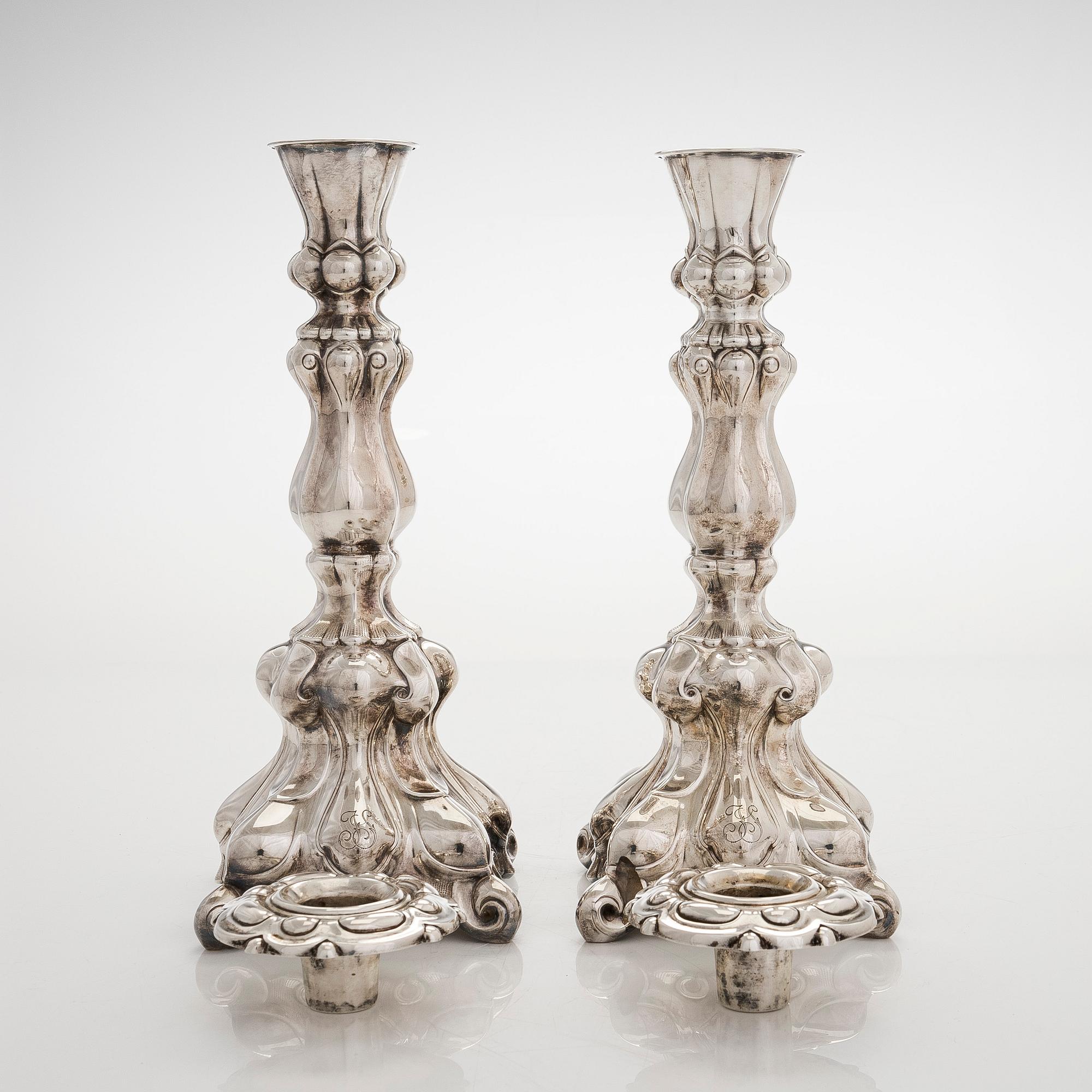 A pair of baroque style silver candlesticks, Hopeatehdas Oy, Helsinki 1947.
