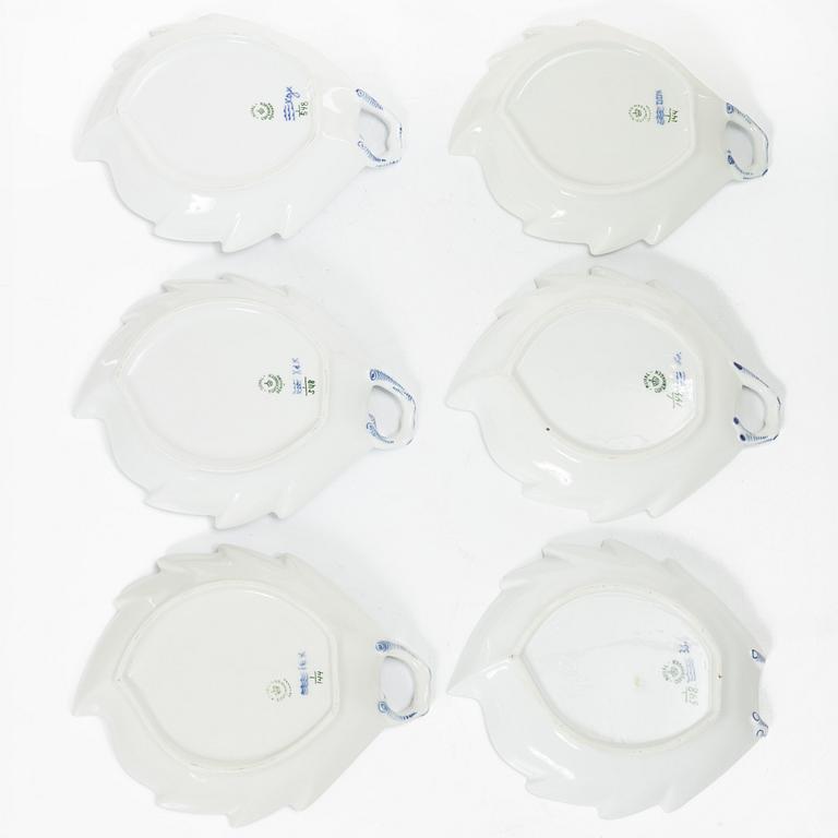 Royal Copenhagen, Six Leaf-shaped 'Musselmalet' dishes, Denmark, 20th century.