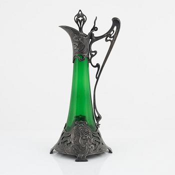 A silver plate and glass decanter, Art Nouveau, early 20th century.