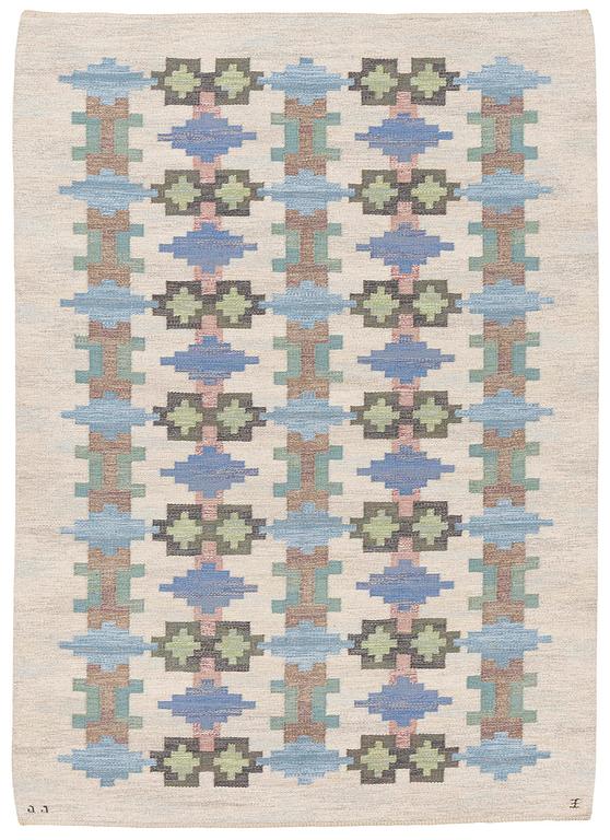 Judith Johansson, a carpet 'Riddarsporrar', flat weave, c. 245 x 177 cm, signed JJ E.