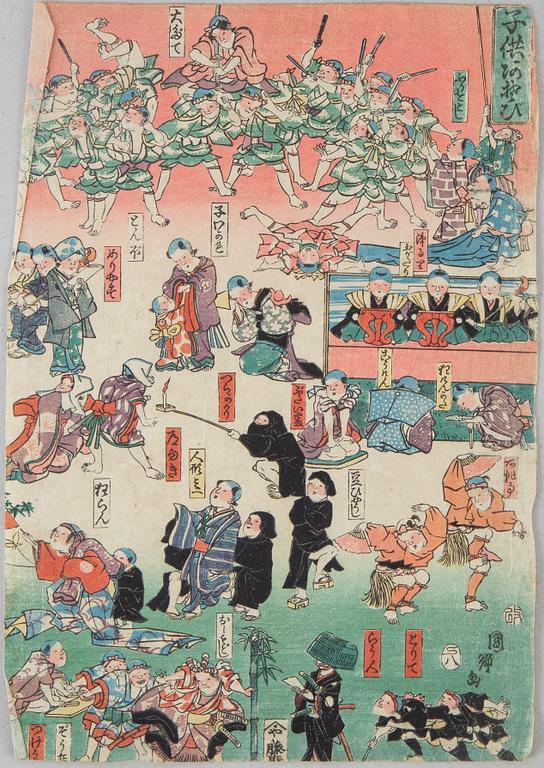 FÄRGTRÄSNITT, triptyk, Japan, Meiji (1868-1912).