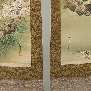 RULLMÅLNINGAR, 2 st, siden på papper, Japan, 1900-tal, bär signatur.