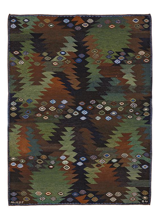 Barbro Nilsson, A CARPET, "Tånga brun och grön", flat weave, ca 228 x 169,5 cm, signed AB MMF BN.