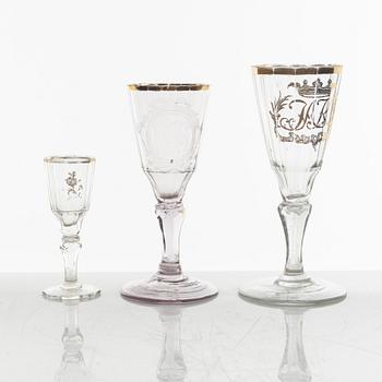 A set of two wineglasses and a small glass, 18th century.