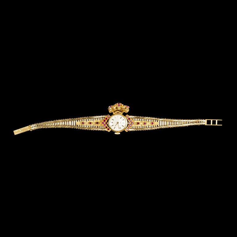 LADIES WRIST WATCH, Longines, gold and rubies.