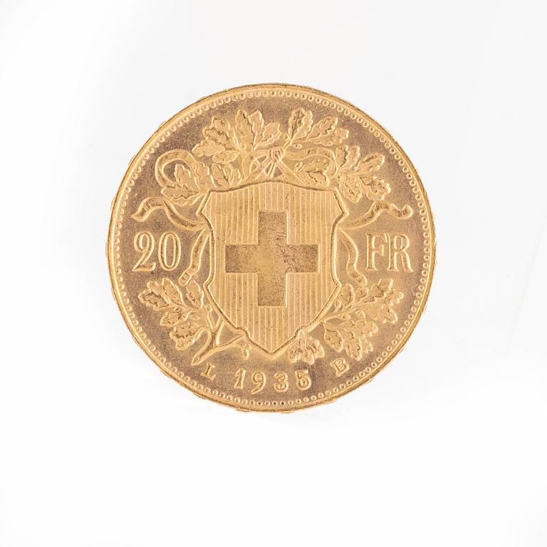 Guldmynt, Schweiz, 20 Franc, 1935 LB.