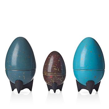 107. Hans Hedberg, a group of three faience sculptures of eggs, Biot, France.