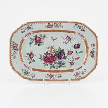 A famille rose dish, sauce boat and bowl, Qing dynasty, 18th Century.